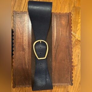 ABACO PARIS Elegant Navy Leather Belt with Gold Buckle